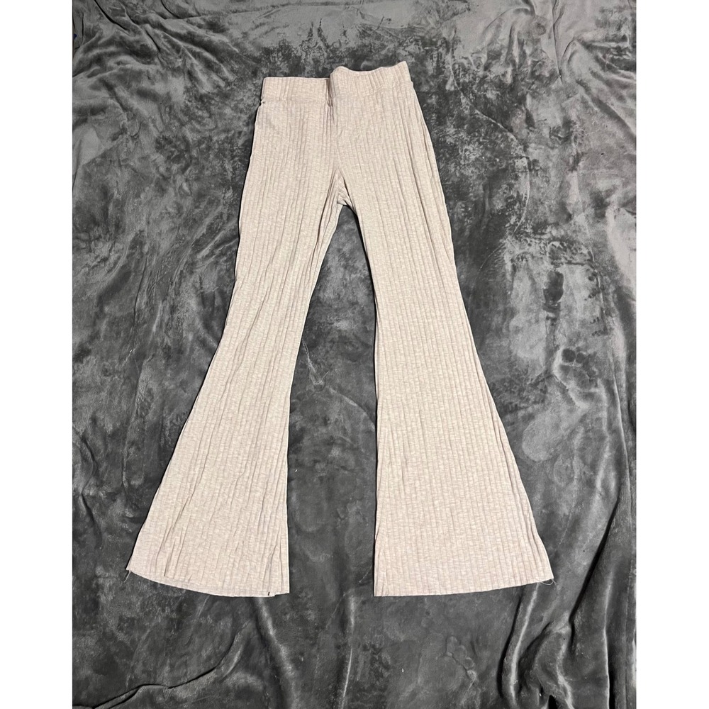 HM Ribbed Knit Flare Pants Beige Oatmeal High Waisted Bell Bottom Trousers M